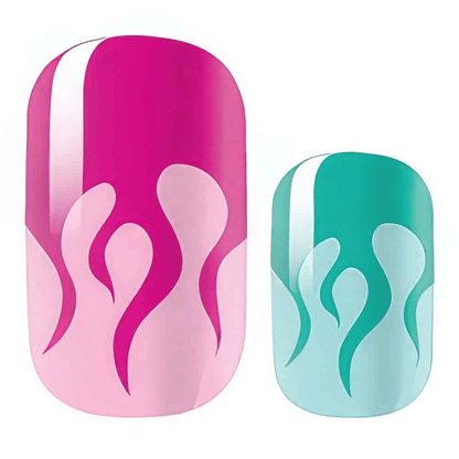 Pink and teal flame pattern nail wraps with gradient ombre design for at-home manicure