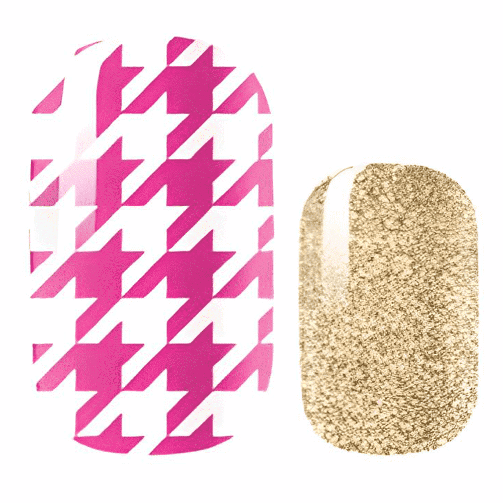 Pink and white houndstooth nail wraps paired with shimmering gold glitter accent design.