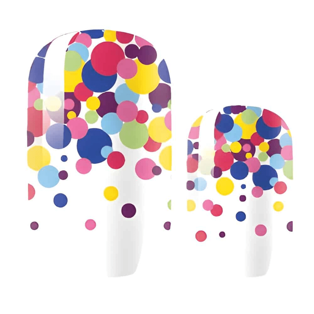 Colourful confetti polka dot nail wraps with multicoloured circles on white background