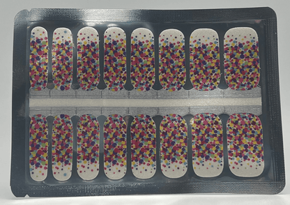 Complete sheet of confetti polka dot nail wraps with multicoloured circles pattern