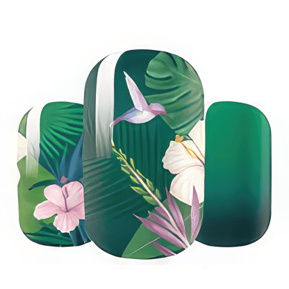 Tropical green nail wraps with pink hummingbird and hibiscus flower pattern for at-home manicure