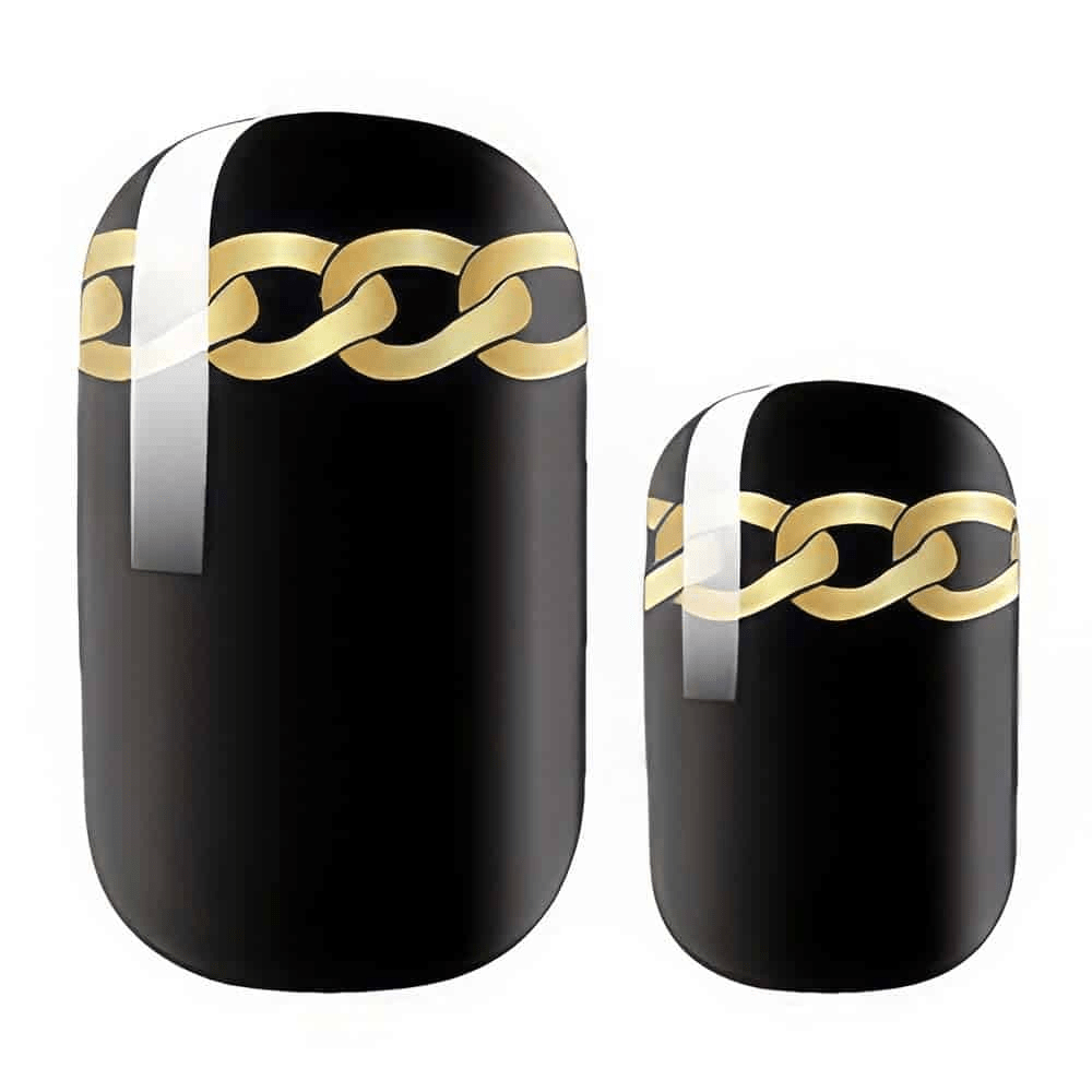Black non-UV nail wraps with gold chain detail glossy finish gothic style