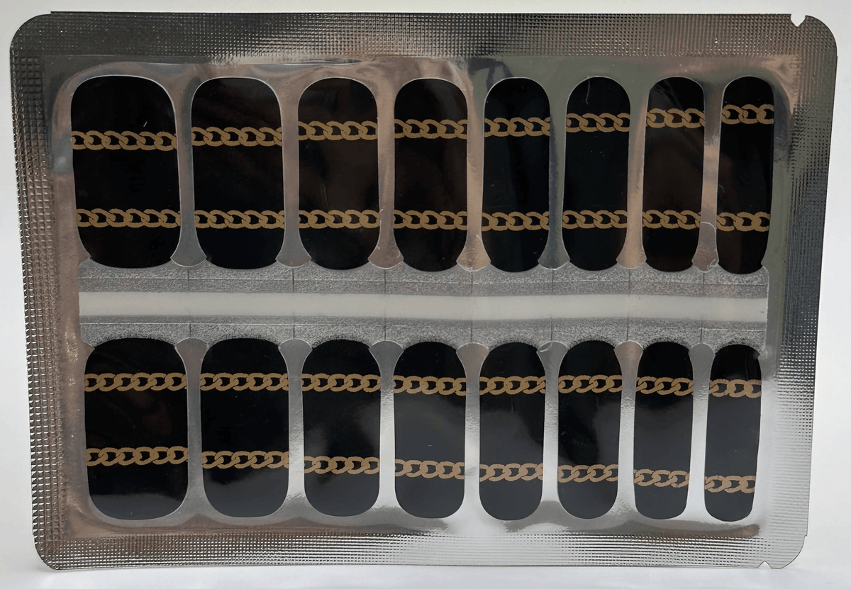 Black nail wraps sheet with gold chain pattern non-UV nail art design