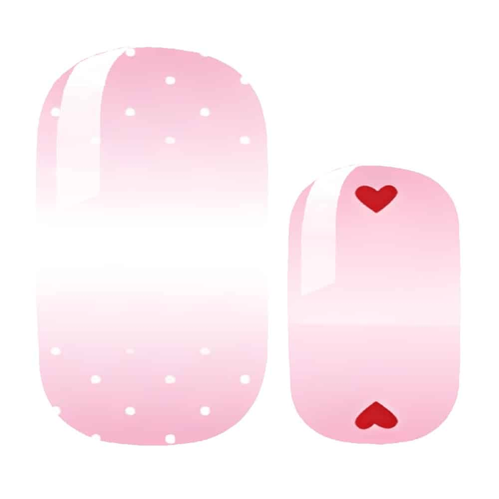 Pink ombre nail wraps with white polka dots and red hearts for Valentine's manicure