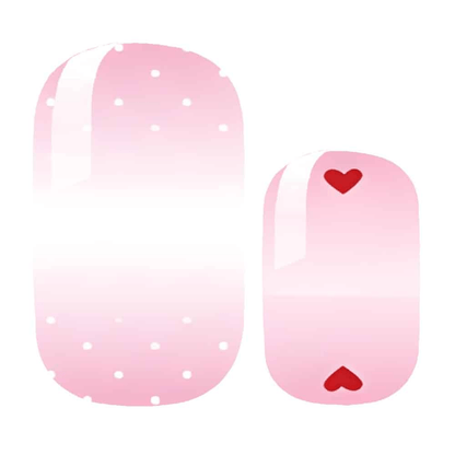 Pink ombre nail wraps with white polka dots and red hearts for Valentine's manicure