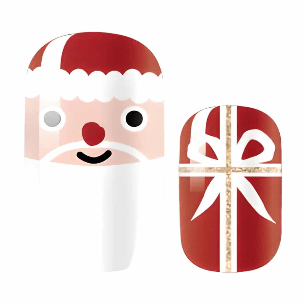 Christmas nail art design featuring cute Santa face and red gift box nail wraps