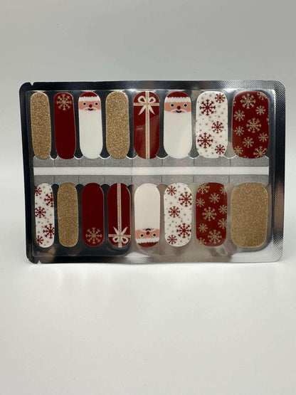 Christmas nail wraps sheet with red gold glitter Santa snowflake patterns for festive manicure
