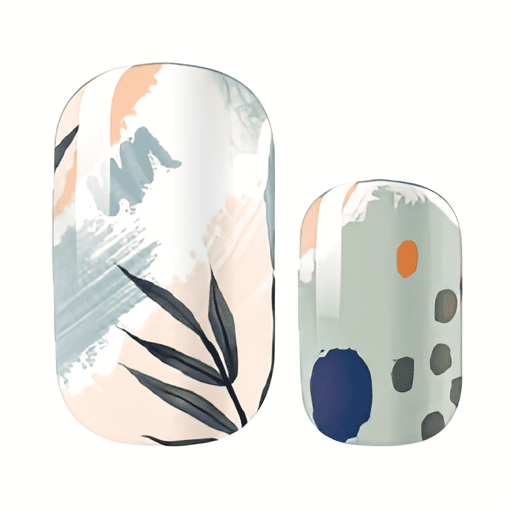 Non-UV nail wraps featuring abstract botanical patterns in dusty blue beige and peach tones