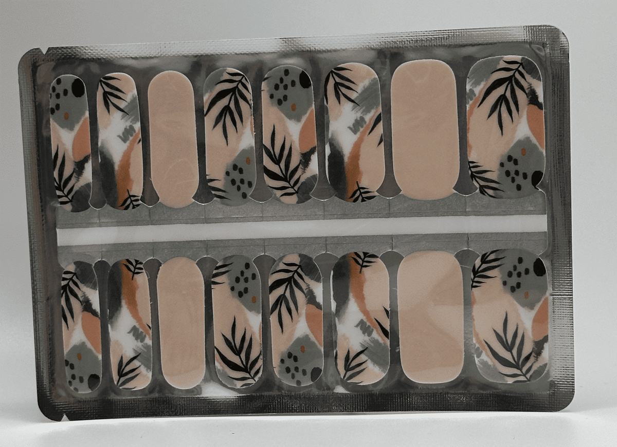Botanical nail wraps with dusty blue beige matte finish and leaf patterns for classic manicure