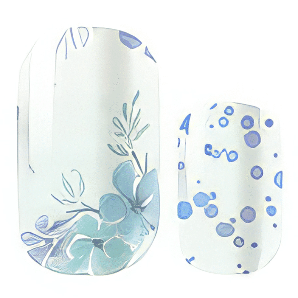 Blue floral nail wraps with delicate botanical pattern and shimmer finish