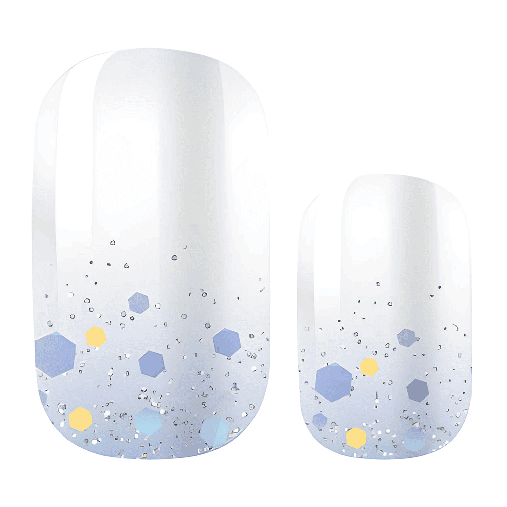 Ice blue nail wraps with hexagonal glitter confetti pattern and gradient finish
