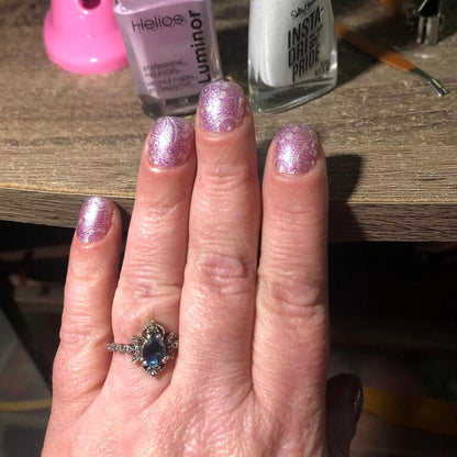 Pearly lilac nail wraps with tone-on-tone floral lace pattern, short round nails