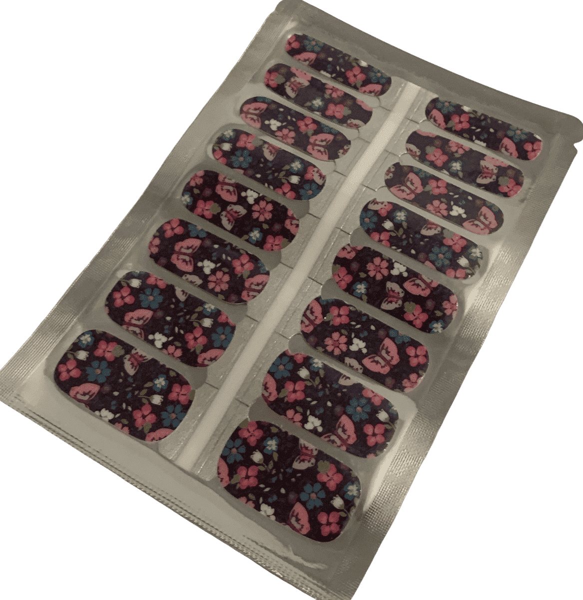 Floral nail wraps sheet showing navy background with pink blue flowers botanical pattern non-UV strips