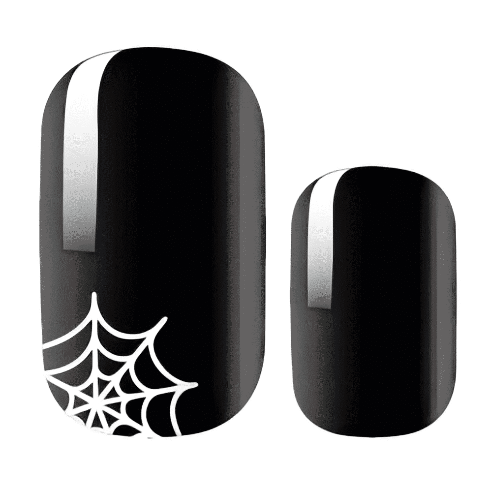 Glossy black nail wraps with metallic silver streak and white spiderweb accent design