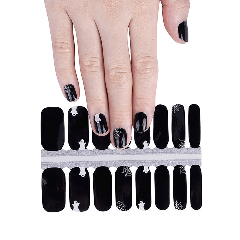 Non-UV black nail wraps with white Halloween ghost and spider web design sheet