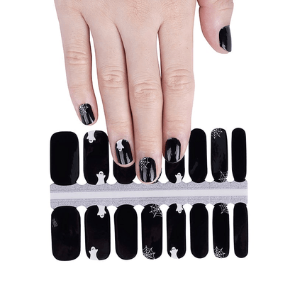 Non-UV black nail wraps with white Halloween ghost and spider web design sheet