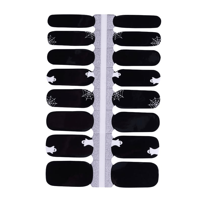 Black nail wraps with white spider web and ghost designs for Halloween manicure