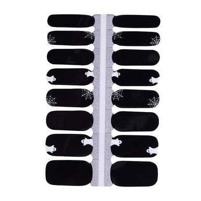 Black nail wraps with white spider web and ghost designs for Halloween manicure