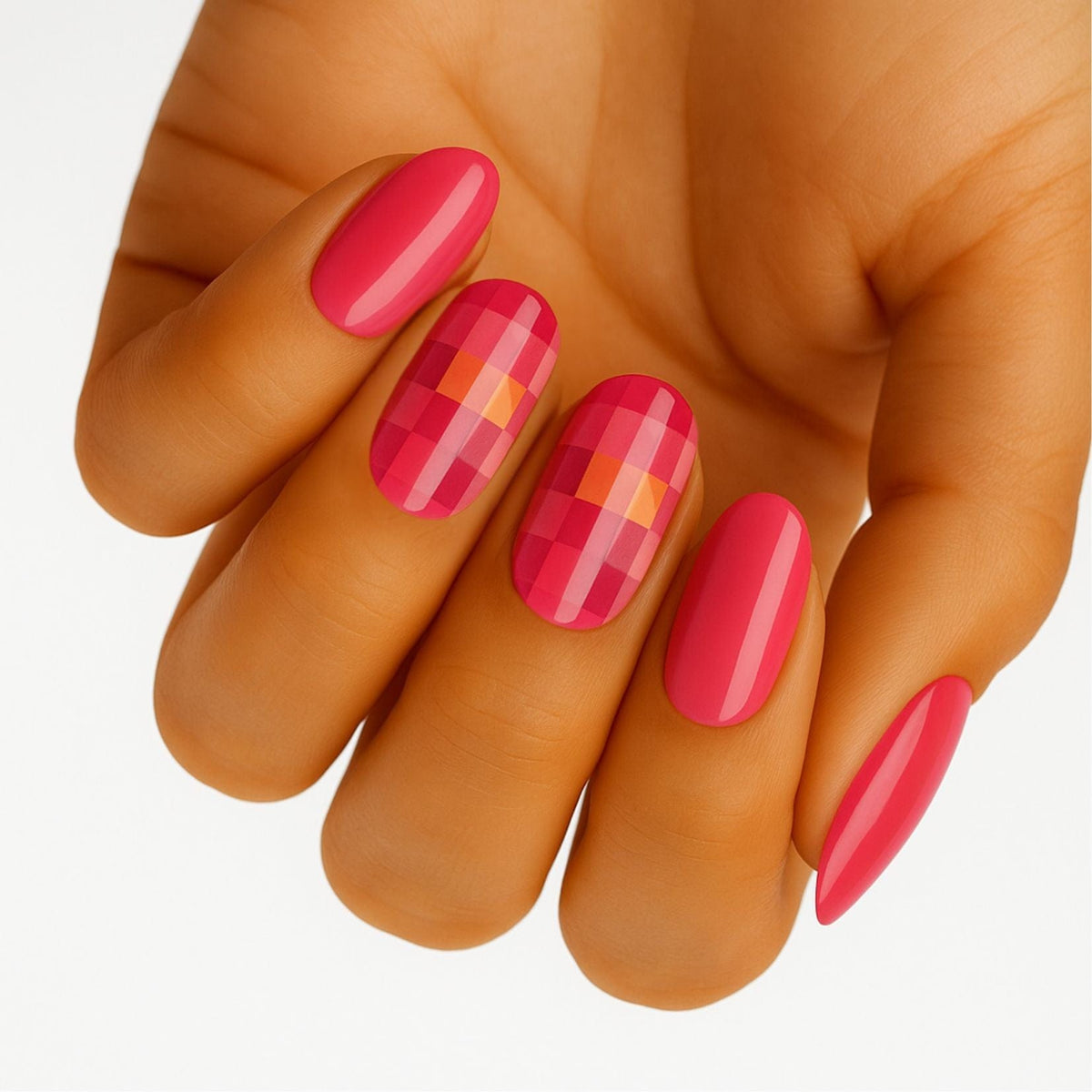 Pink nail wraps with glossy finish, accent nails in a pink-orange gingham plaid pattern