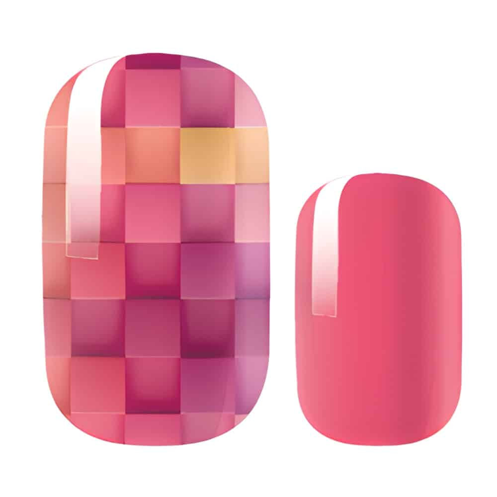 Pink coral pixelated mosaic pattern non-UV nail wraps with glossy finish geometric design