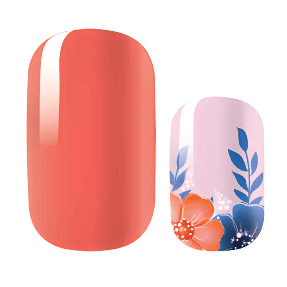 Coral glossy nail wraps with pink floral accent nail, orange and blue blossom design