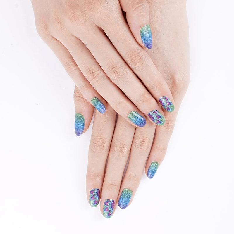 Holy Classics nail wraps, blue-green shimmer ombré with purple peacock flower accent