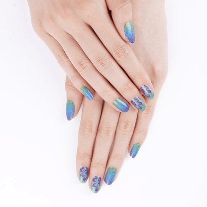 Holy Classics nail wraps, blue-green shimmer ombré with purple peacock flower accent