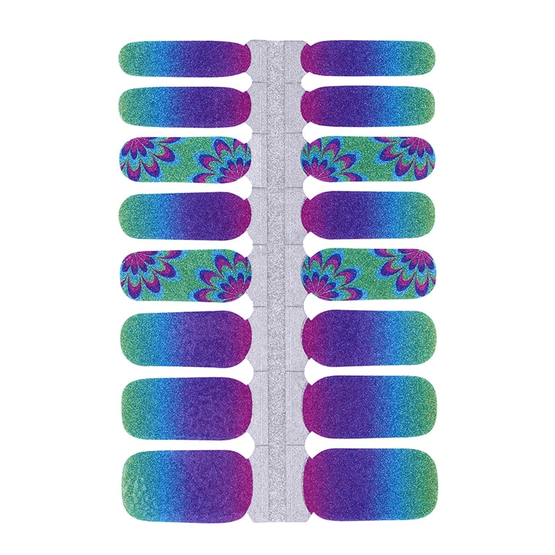 Sheet of rainbow gradient nail wraps with psychedelic flower designs ready to apply for DIY manicure