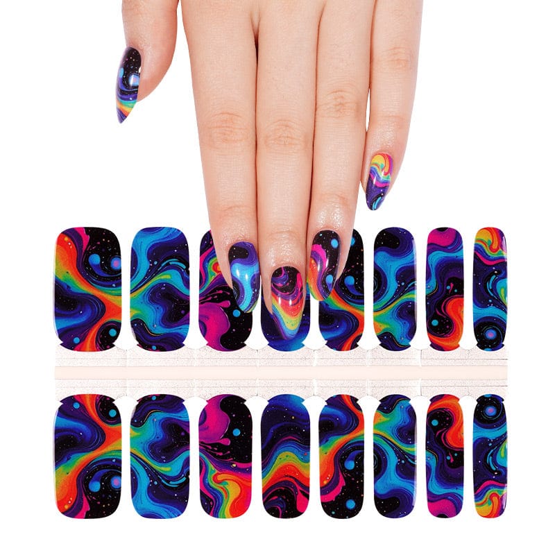 Hand showcasing vibrant rainbow swirl nail wraps with colourful abstract art design on fingernails