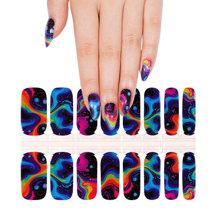 Hand showcasing vibrant rainbow swirl nail wraps with colourful abstract art design on fingernails