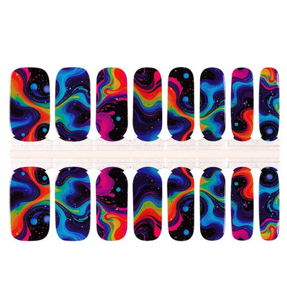 Iridescent rainbow nail wraps with swirling multicoloured abstract patterns on clear backing sheet