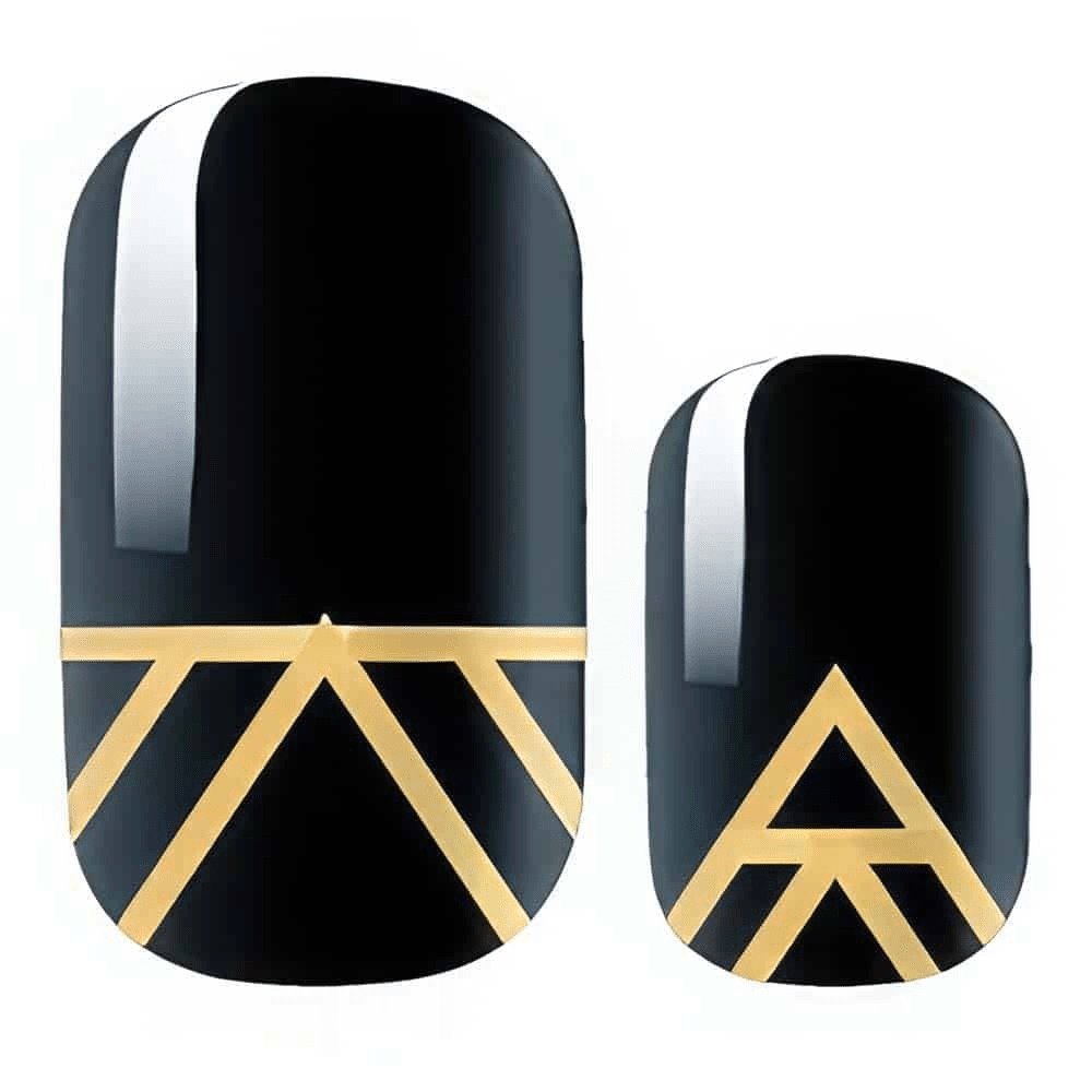 Black nail wraps featuring gold triangular art deco design patterns for at-home manicure