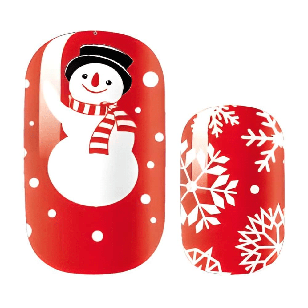 Red and white Christmas nail wraps with snowman and snowflake patterns