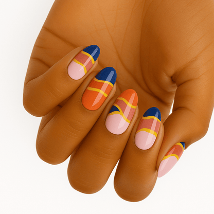 Geometric colour block nail wraps in pink coral navy blue retro design