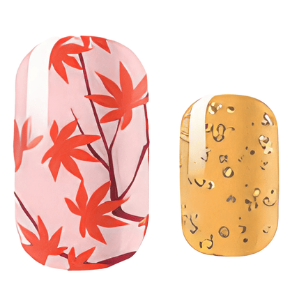 Red maple leaf and gold glitter nail wrap designs autumn botanical nail art patterns