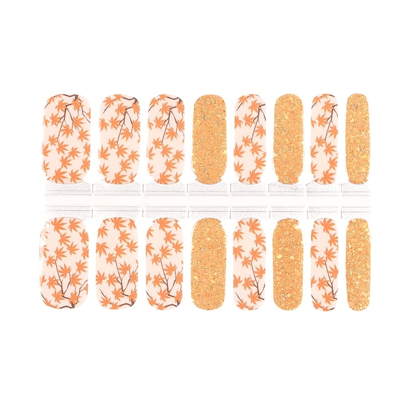 Orange maple leaf nail wraps sheet with gold glitter strips autumn nail art collection
