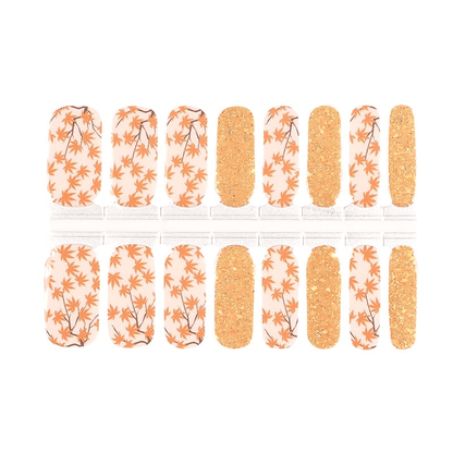 Orange maple leaf nail wraps sheet with gold glitter strips autumn nail art collection