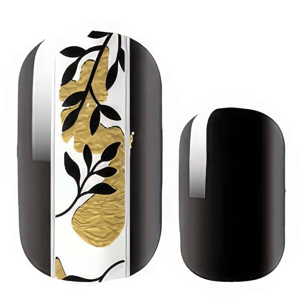 Non-UV nail wraps featuring black base with gold botanical leaf designs