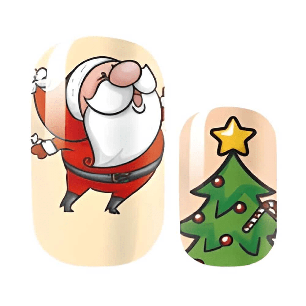 Christmas nail wraps with cartoon Santa and festive tree design for holiday manicure