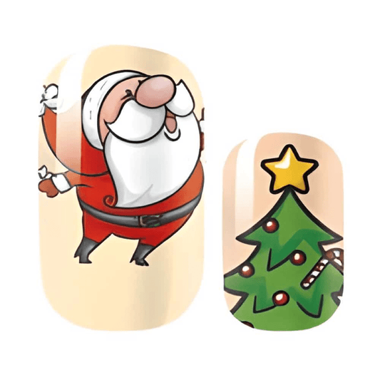 Christmas nail wraps with cartoon Santa and festive tree design for holiday manicure