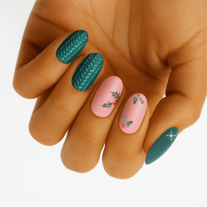 Non-UV nail wraps: teal knit-texture and pink nails with holly berry design, snowflake accent