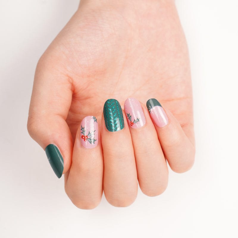 Holy Classics nail wraps in green and pink with holly berry and glitter design