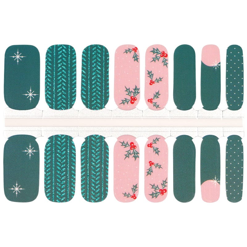Non-UV nail wraps sheet with Christmas holly patterns in green and pink festive holiday designs