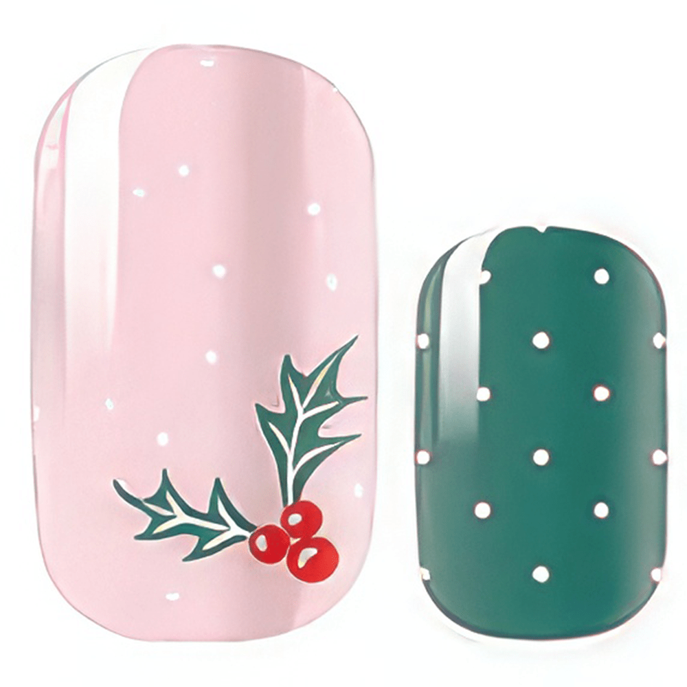 Pink and green Christmas nail wraps featuring holly leaves and red berries design
