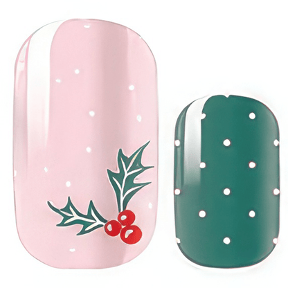 Pink and green Christmas nail wraps featuring holly leaves and red berries design