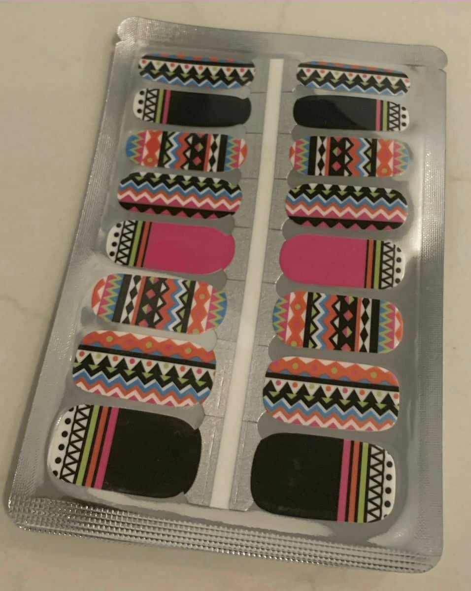 Non-UV nail wraps sheet with tribal geometric patterns in pink green black chevron stripes