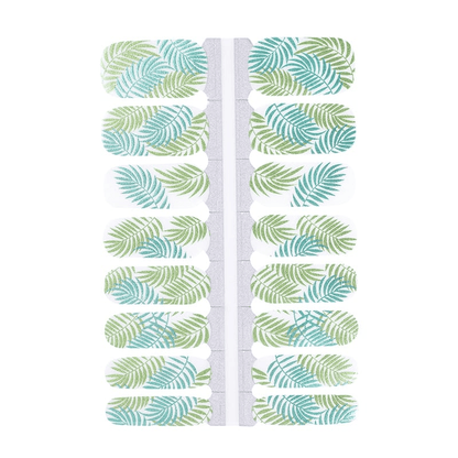 Green tropical fern nail wrap sheet showing botanical leaf pattern designs