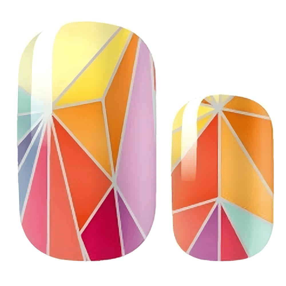 Kaleidoscope geometric nail wraps with rainbow prism pattern in multicoloured gradient design