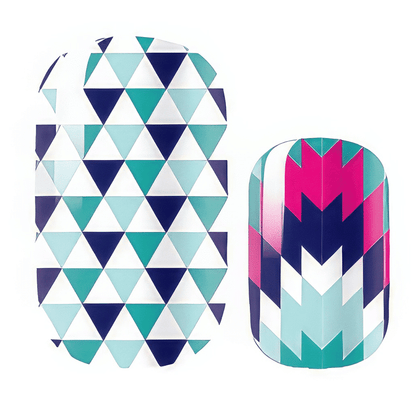 Geometric nail wraps featuring navy blue triangles and pink chevron patterns