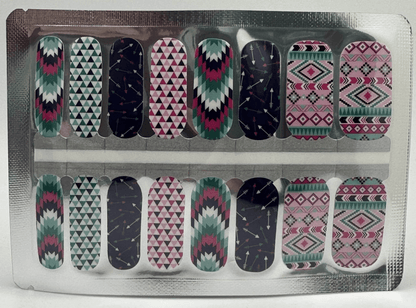 Non-UV nail wraps sheet featuring geometric tribal patterns in navy, pink, turquoise and white